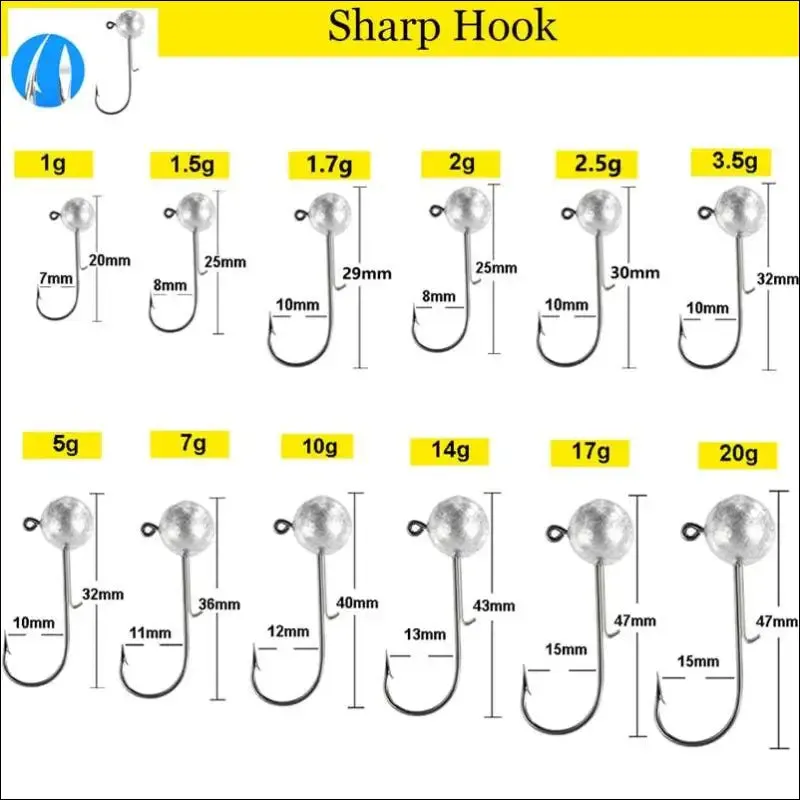 10pcs big head jigs fishing hooks - 1g to 20g round ball jig head weedless long shank for soft worm