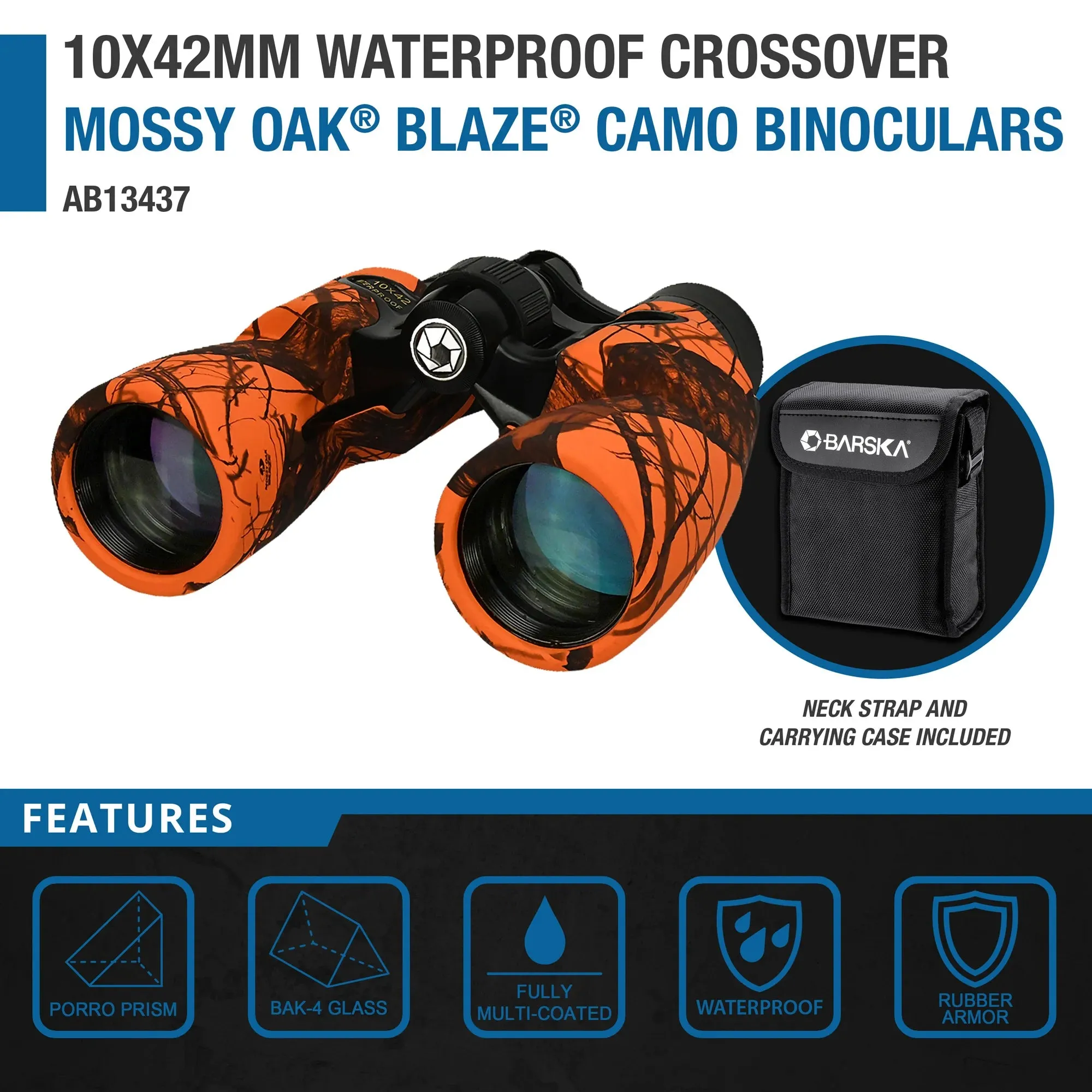 10x42mm Crossover Waterproof Binoculars, Mossy Oak® Blaze® Camo | AB13437