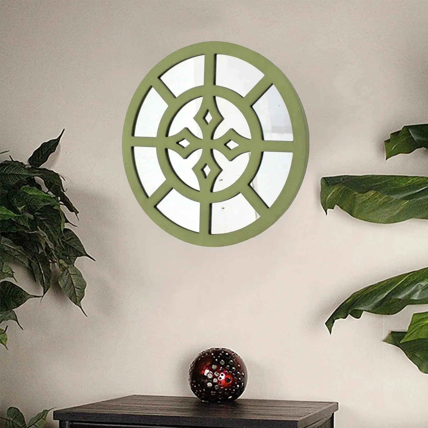15.5" x 15.5" Green Rustic Mirrored Round - Wooden Wall Decor
