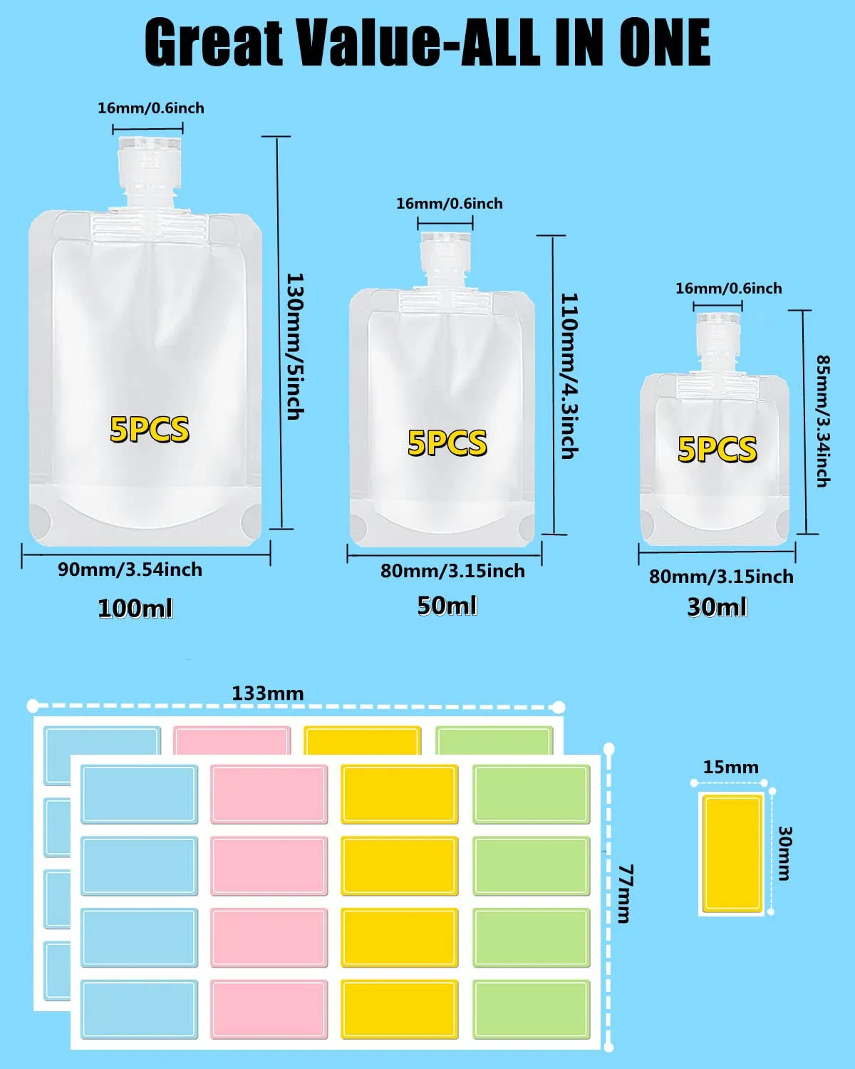 17 Pack Travel Pouches for Toiletries,Tsa Approved,Travel Size Portable Containers,Stand up Pouch,Refillable Travel Accessories for Shampoo Conditioner Lotion Soap Liquids (B-17Pcs)