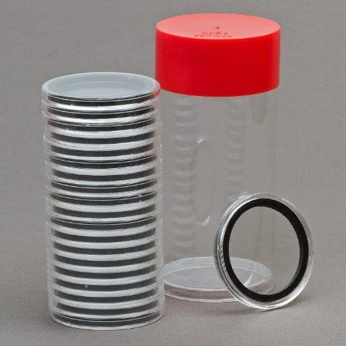 (2) Airtite Coin Holder Storage Container & (40) Black Ring 39Mm Air-Tite Coin Holder Capsules For 1Oz Silver & Copper Rounds And Casino Chips