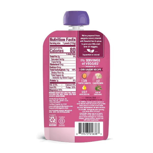 [2-Pack] Happy Family Happy Baby Organic Purple Carrots & Cauliflower with Avocado Oil   Oregano, 113 g. Exp: