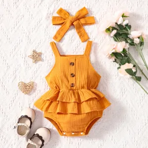 2pcs Newborn Infant Sleeveless Romper Ruffle Button Bodysuit Onesies & Bow Headband Set For Baby Girls Toddler Clothes