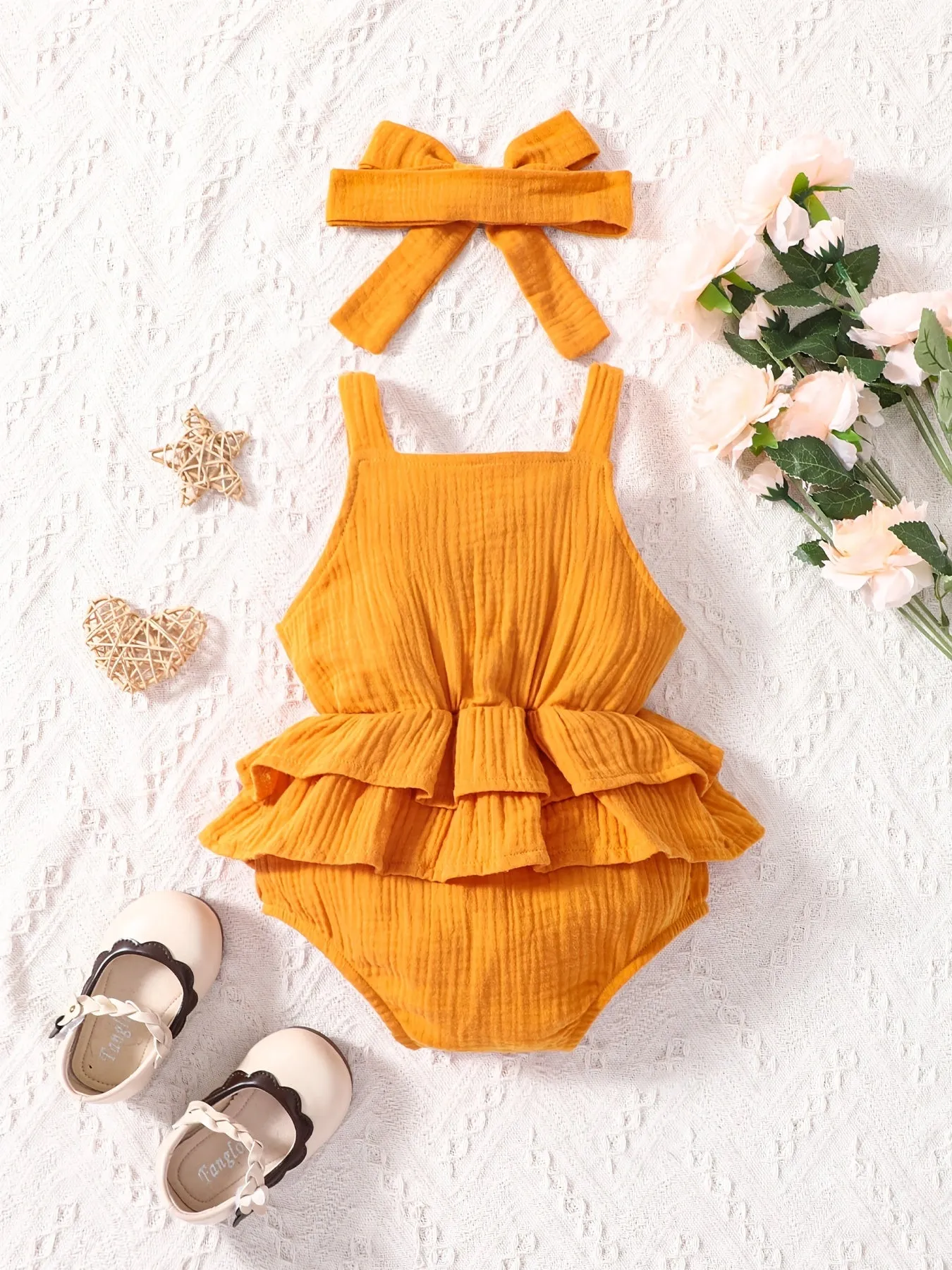 2pcs Newborn Infant Sleeveless Romper Ruffle Button Bodysuit Onesies & Bow Headband Set For Baby Girls Toddler Clothes
