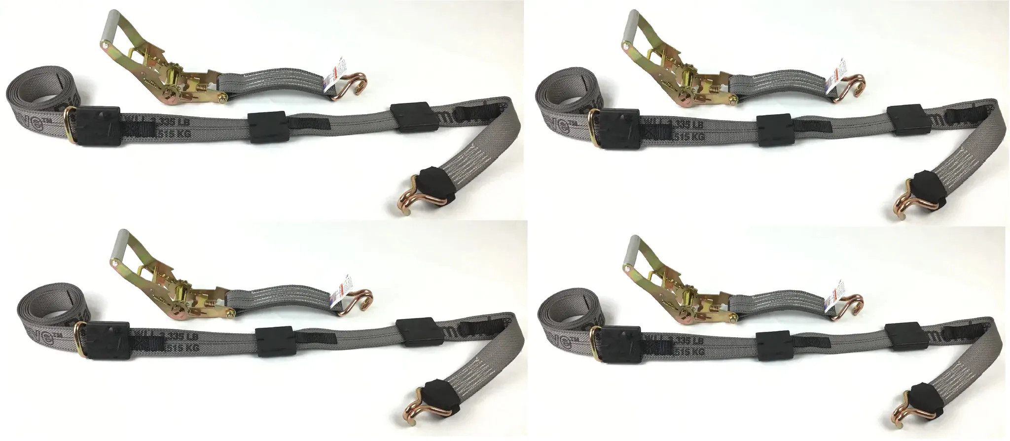 2" x 11' DIAMOND WEAVE 3 Point Ratchet Wheel Strap with 3 Rubber Tread Grabs (Wire Hook)(4 Pack)