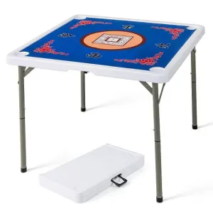 35 Inch 4 Player Game Card Folding Mahjong Table with Cup Holders-Blue - Color: