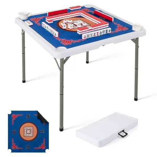 35 Inch 4 Player Game Card Folding Mahjong Table with Cup Holders-Blue - Color: