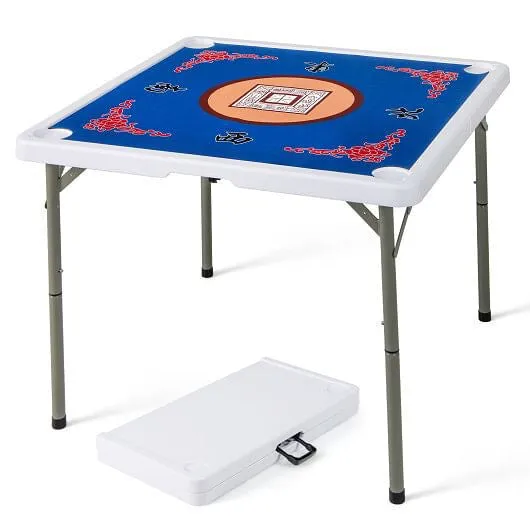 35 Inch 4 Player Game Card Folding Mahjong Table with Cup Holders-Blue - Color: