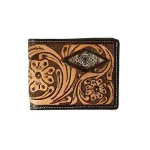 3D Brown Floral Tooled with Calf Hair Underlay Bifold Wallet with Passcase