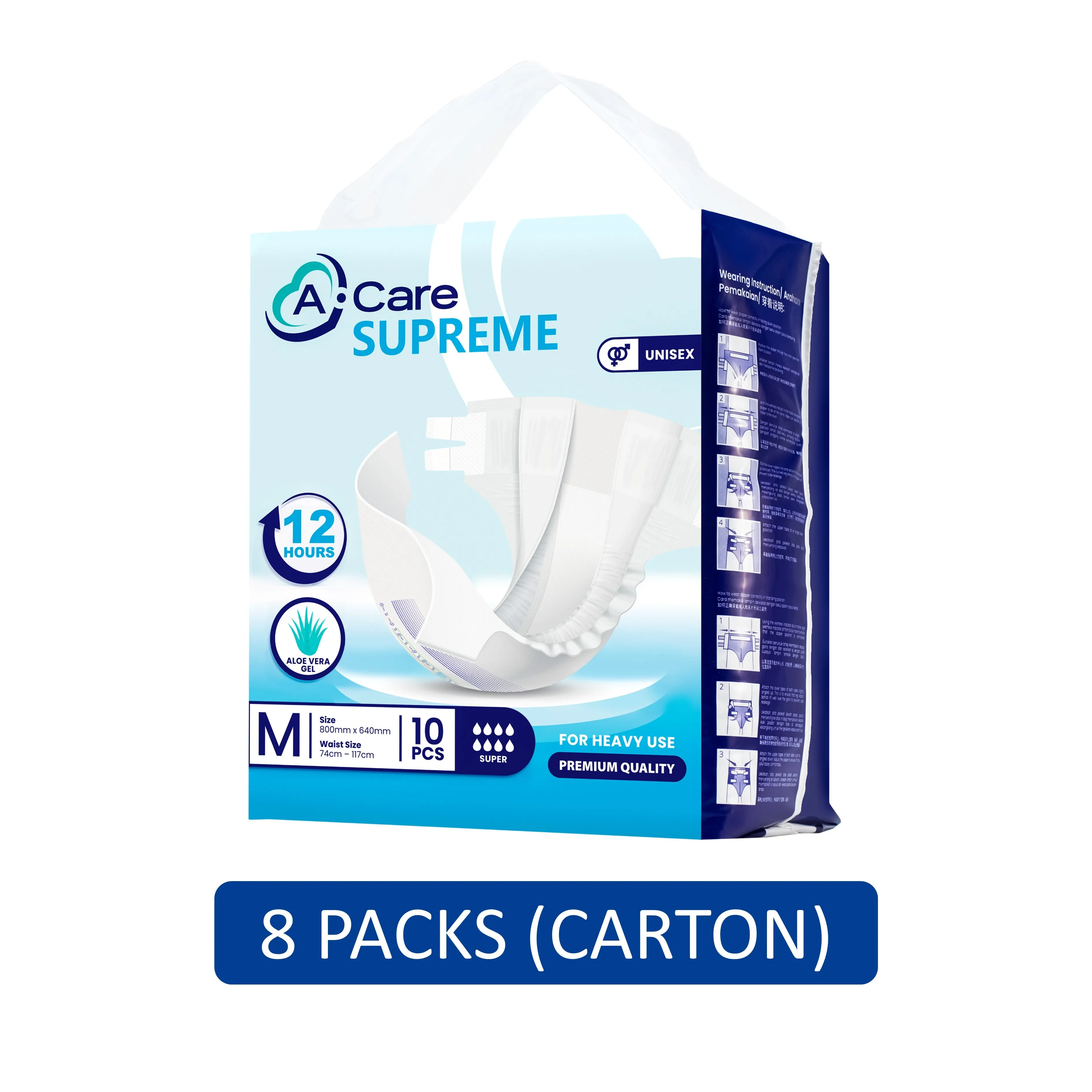 A-Care Supreme Adult Diapers Size M 10's (74-117cm) [8 Packs/Carton]