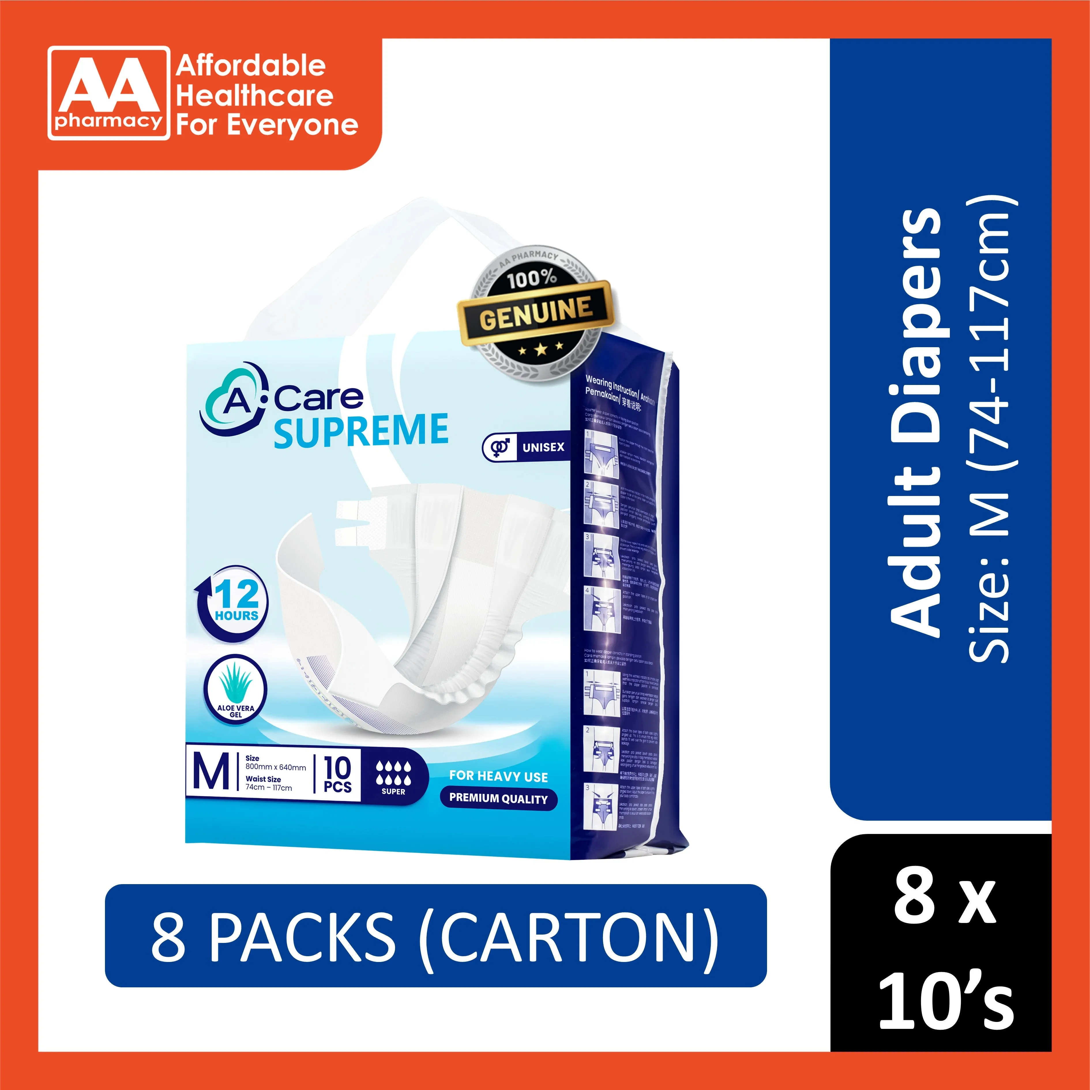 A-Care Supreme Adult Diapers Size M 10's (74-117cm) [8 Packs/Carton]