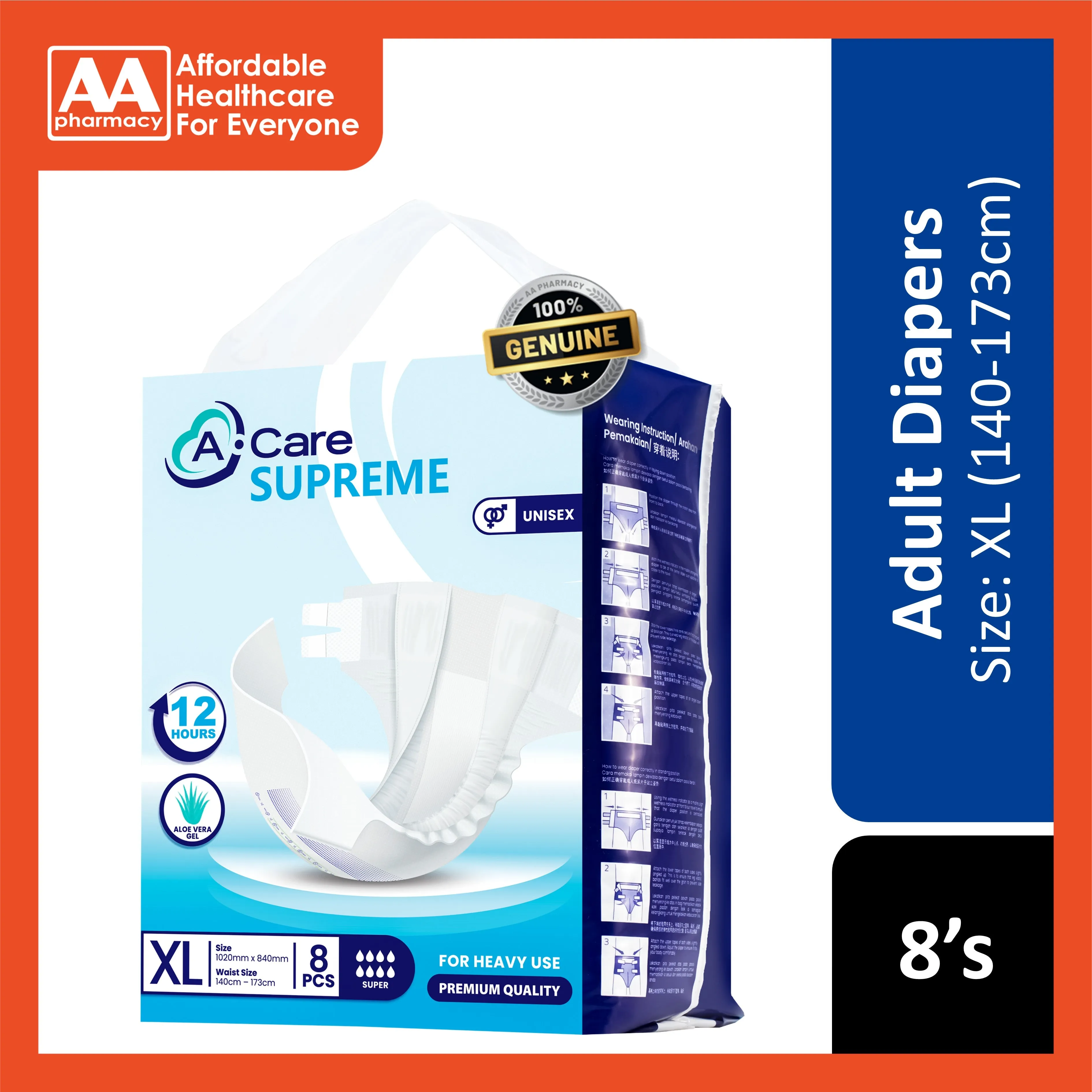 A-Care Supreme Adult Diapers Size XL 8's (140-173cm)