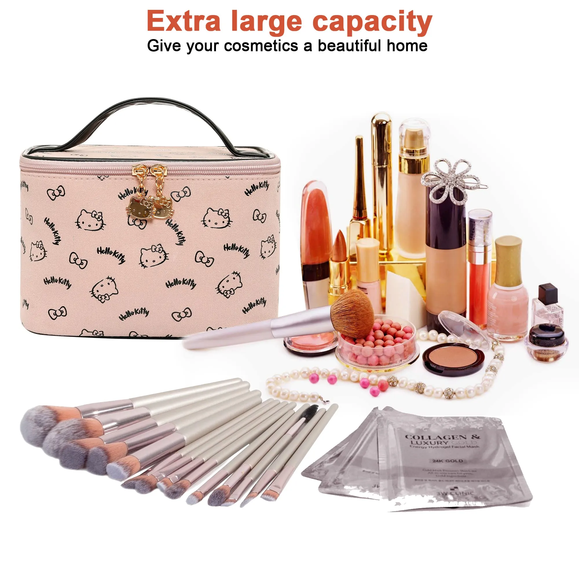 AmBealla Make up Bag Travel Cosmetic Bags Brush Holder Zipper Pouch Case Organizer Cute Organizer Suitable for Purse for Women (Light Pink Bucket Bag)