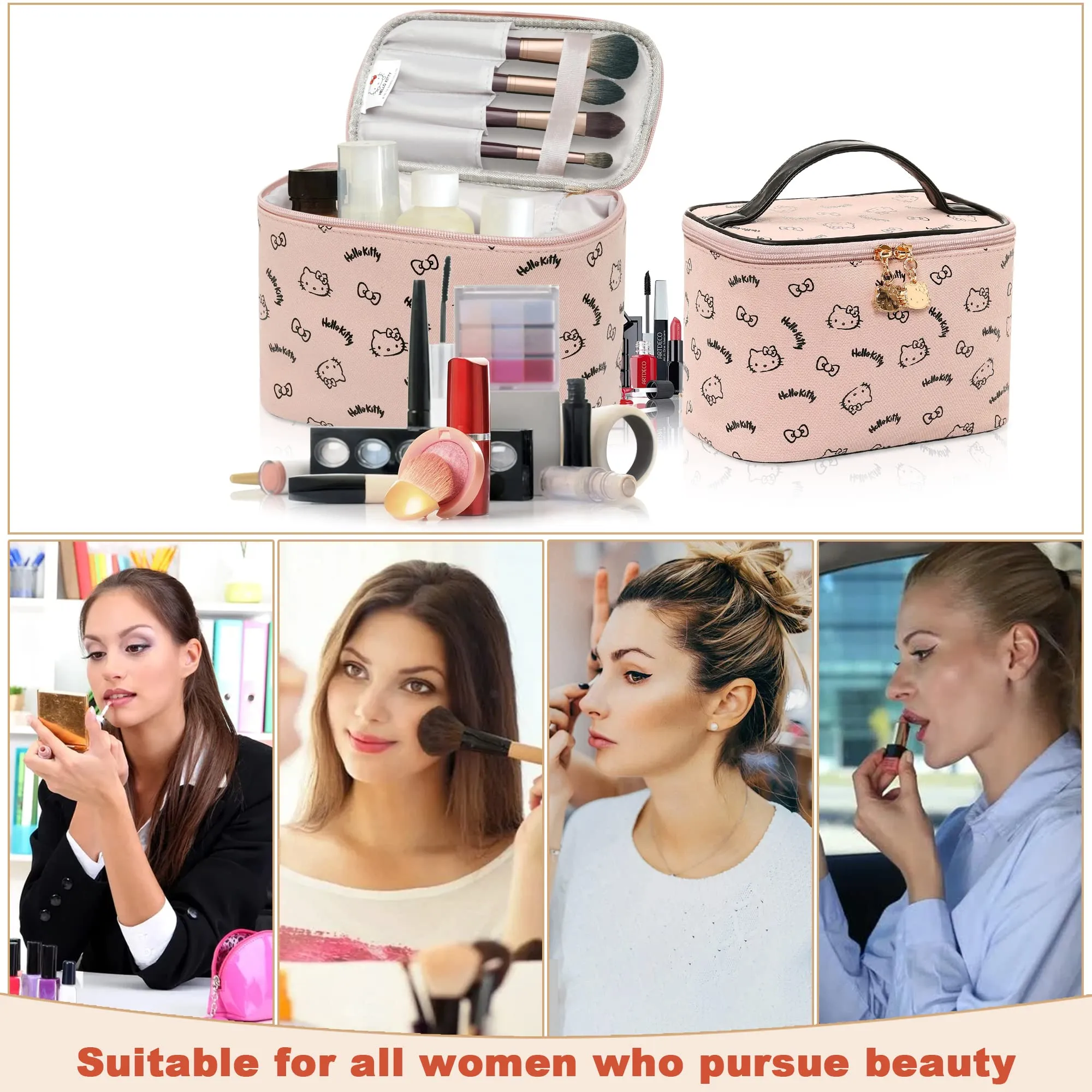 AmBealla Make up Bag Travel Cosmetic Bags Brush Holder Zipper Pouch Case Organizer Cute Organizer Suitable for Purse for Women (Light Pink Bucket Bag)