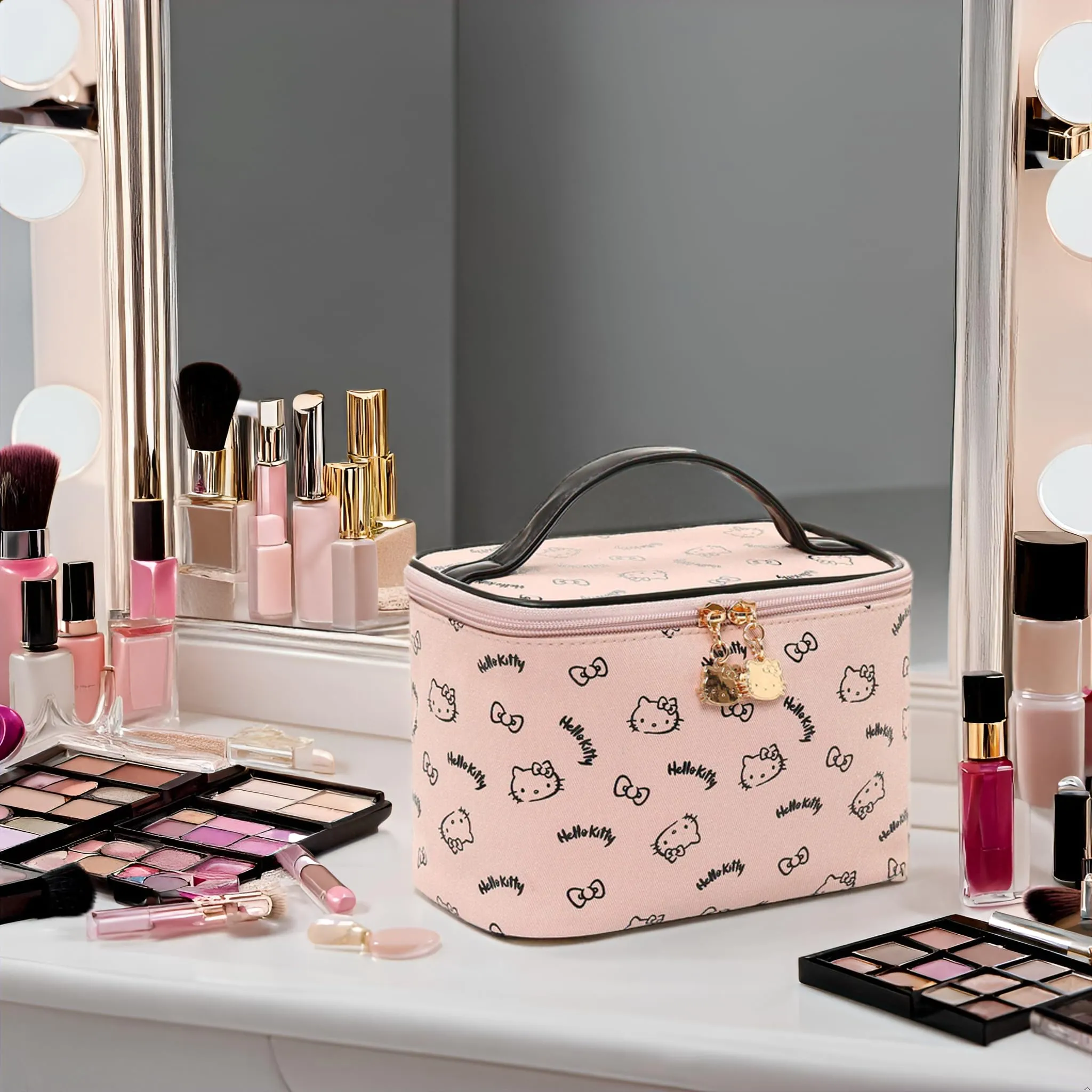 AmBealla Make up Bag Travel Cosmetic Bags Brush Holder Zipper Pouch Case Organizer Cute Organizer Suitable for Purse for Women (Light Pink Bucket Bag)