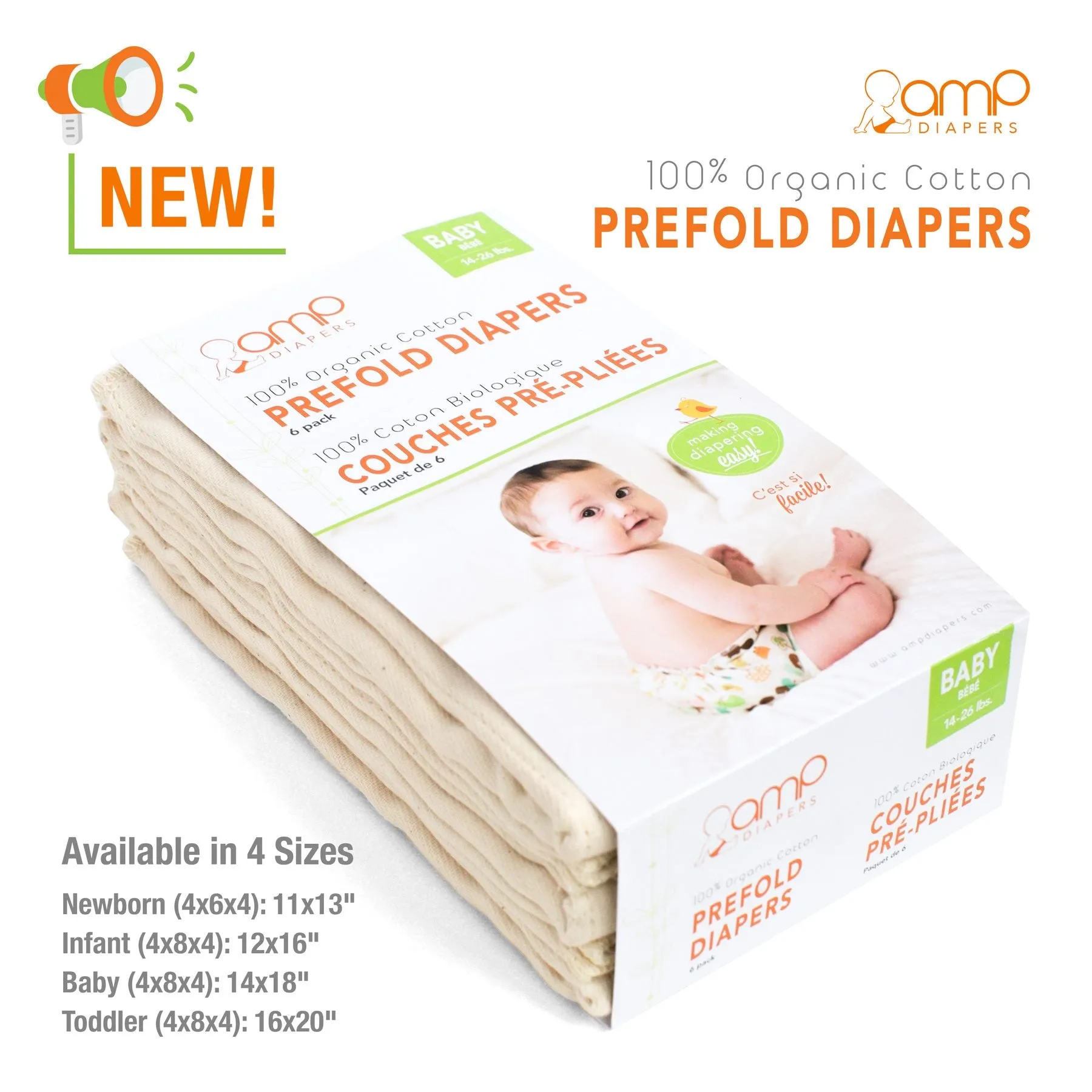 AMP Organic Cotton Prefolds (6 Pack)