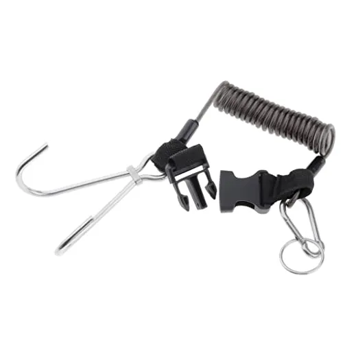 ATORSE Scuba Diving Stainless Steel Dual Reef Hooks Spiral Coiled Lanyard Black