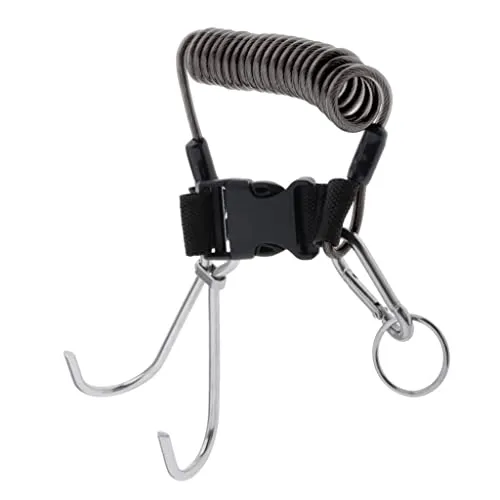 ATORSE Scuba Diving Stainless Steel Dual Reef Hooks Spiral Coiled Lanyard Black