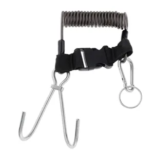 ATORSE Scuba Diving Stainless Steel Dual Reef Hooks Spiral Coiled Lanyard Black