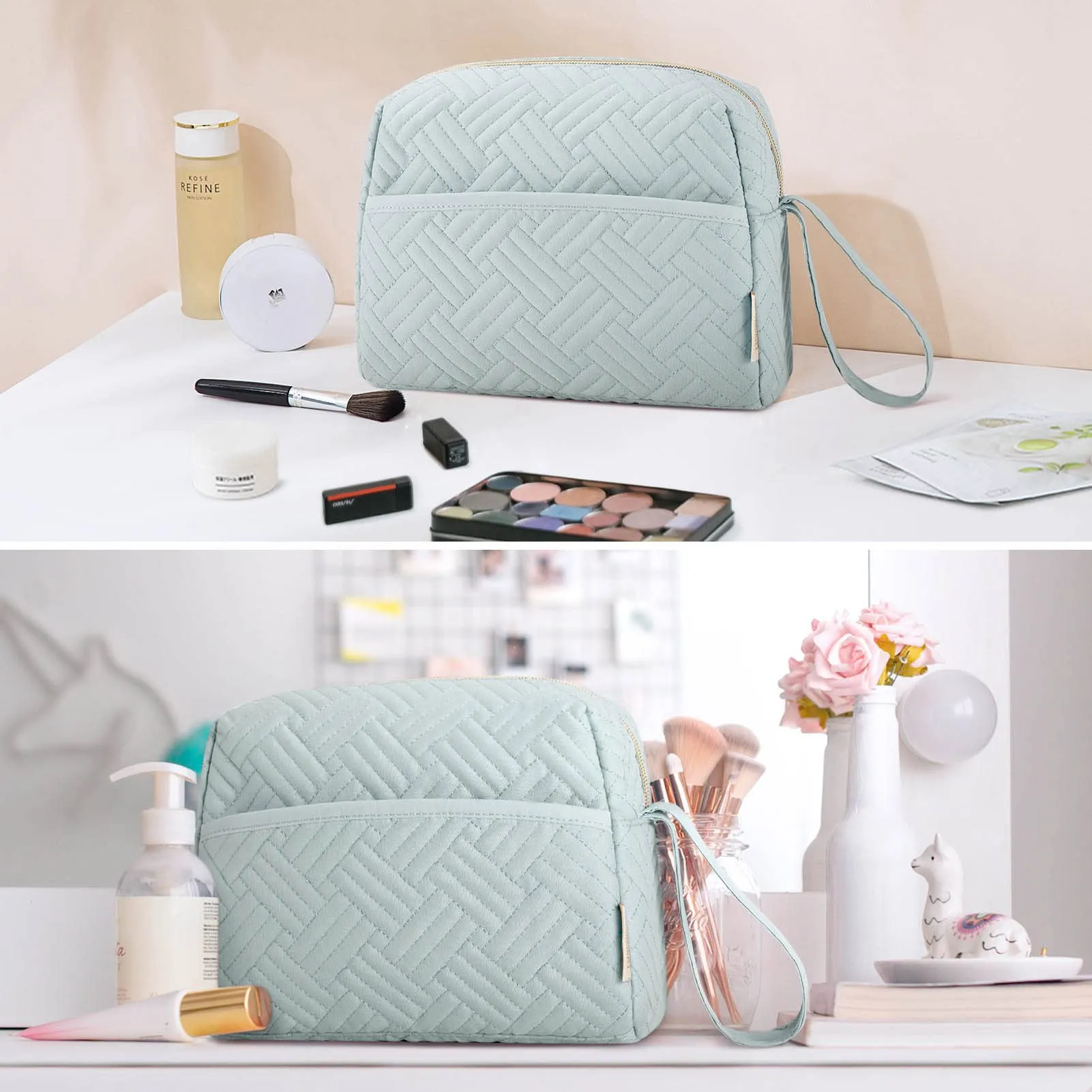 BAGSMART Makeup Bag, Cosmetic Bag for Purse,Travel Make Up Pouch,Water-resistant Toiletry Bag Elegant Roomy, Makeup Accessories Organizer, Light Blue