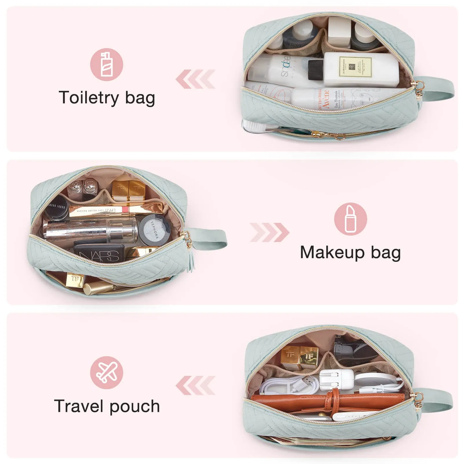 BAGSMART Makeup Bag, Cosmetic Bag for Purse,Travel Make Up Pouch,Water-resistant Toiletry Bag Elegant Roomy, Makeup Accessories Organizer, Light Blue