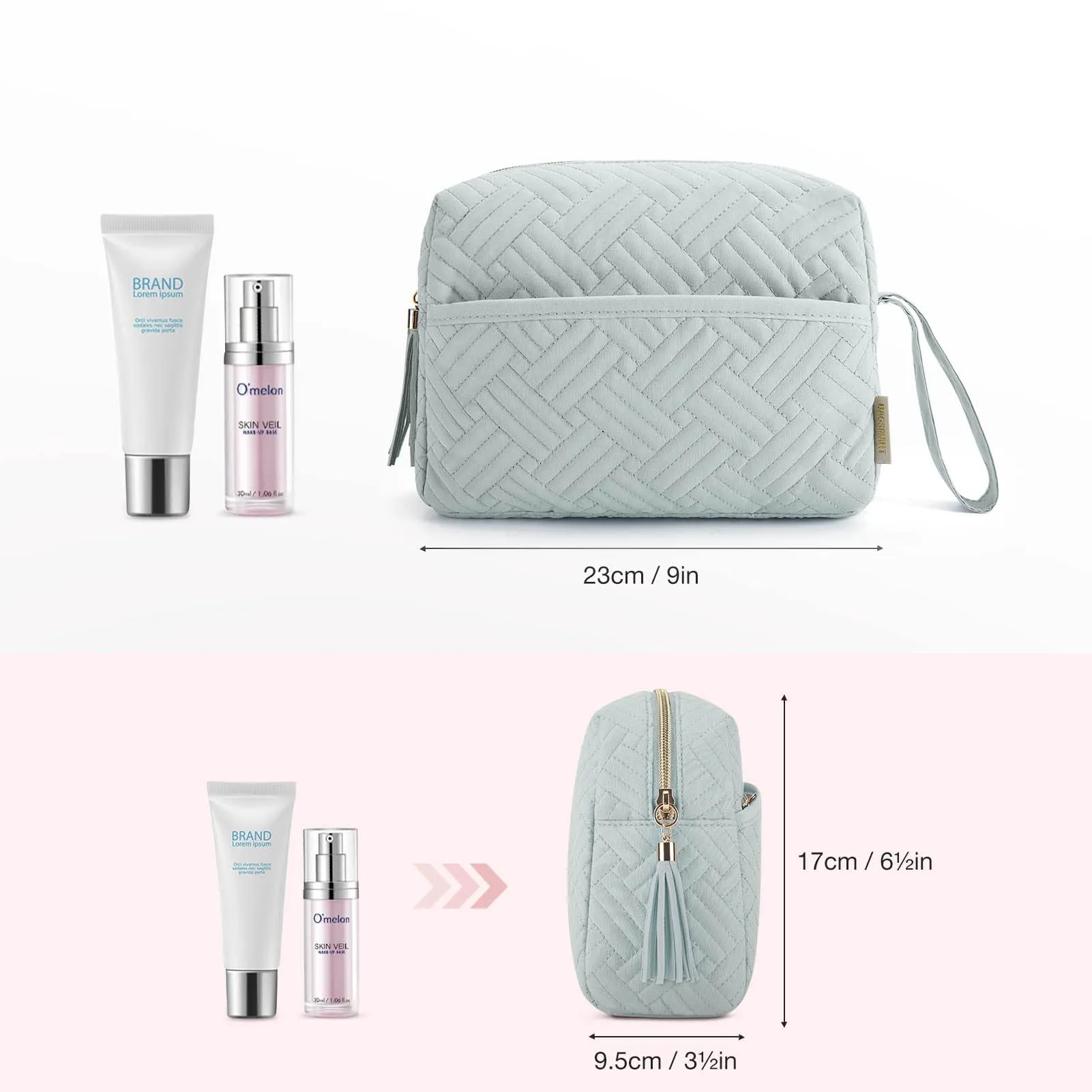 BAGSMART Makeup Bag, Cosmetic Bag for Purse,Travel Make Up Pouch,Water-resistant Toiletry Bag Elegant Roomy, Makeup Accessories Organizer, Light Blue