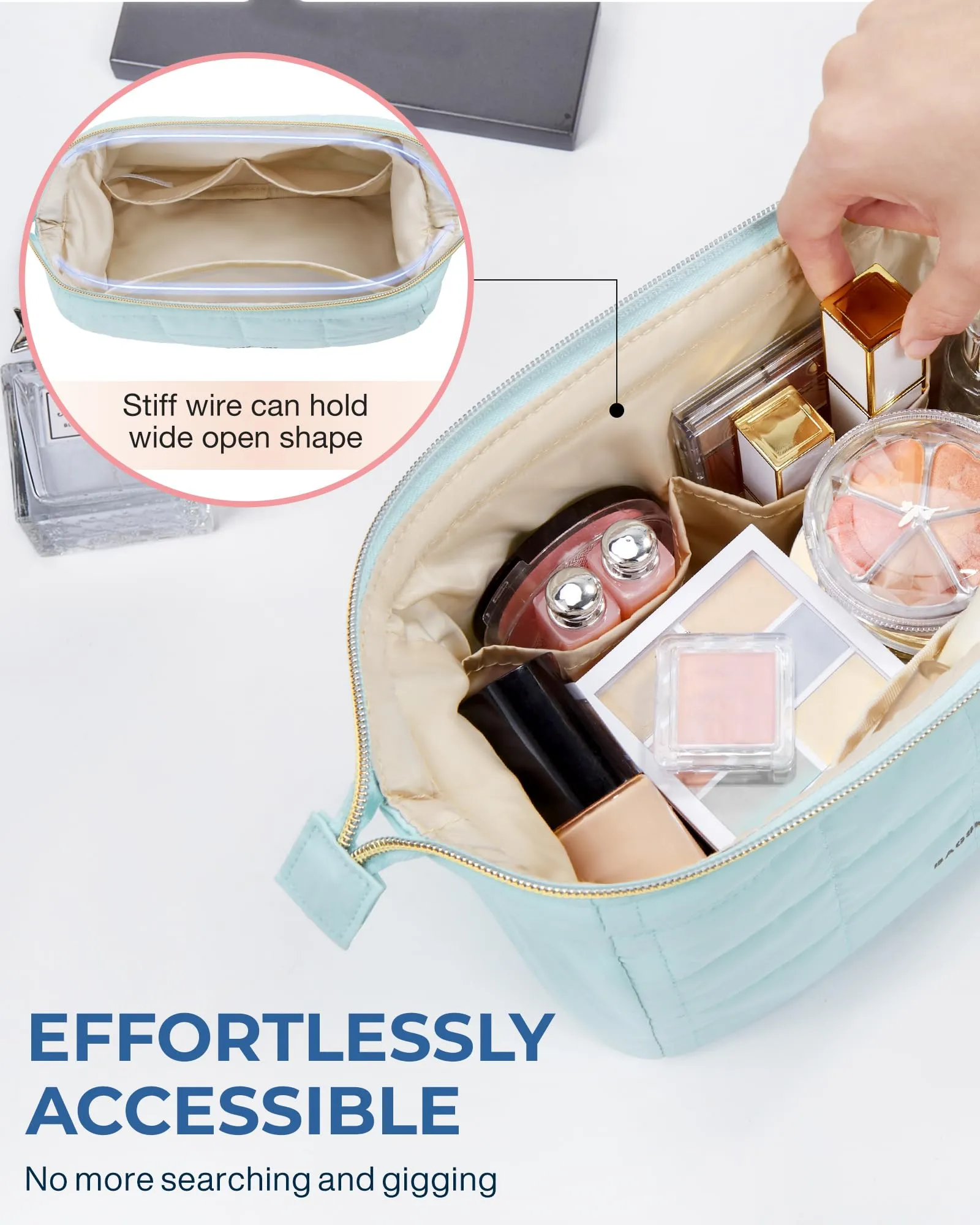 BAGSMART Makeup Bag Travel Toiletry Bag, Puffy Padded Make Up Bags for Women Makeup Organizer Case, Wide-open Pouch Purse Travel Essentials Toiletries Accessories Brushes, Light Blue