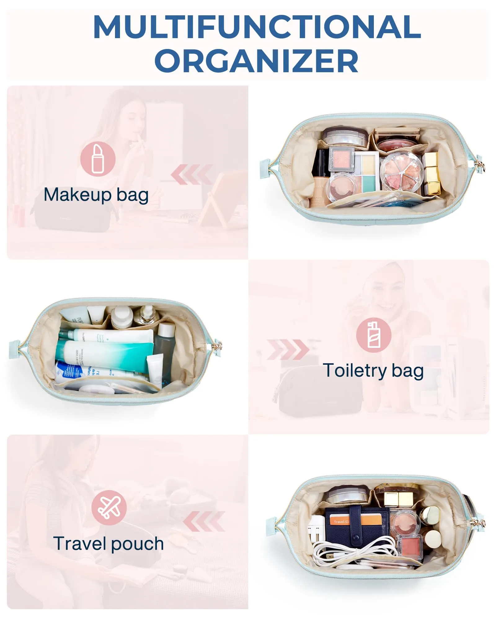 BAGSMART Makeup Bag Travel Toiletry Bag, Puffy Padded Make Up Bags for Women Makeup Organizer Case, Wide-open Pouch Purse Travel Essentials Toiletries Accessories Brushes, Light Blue