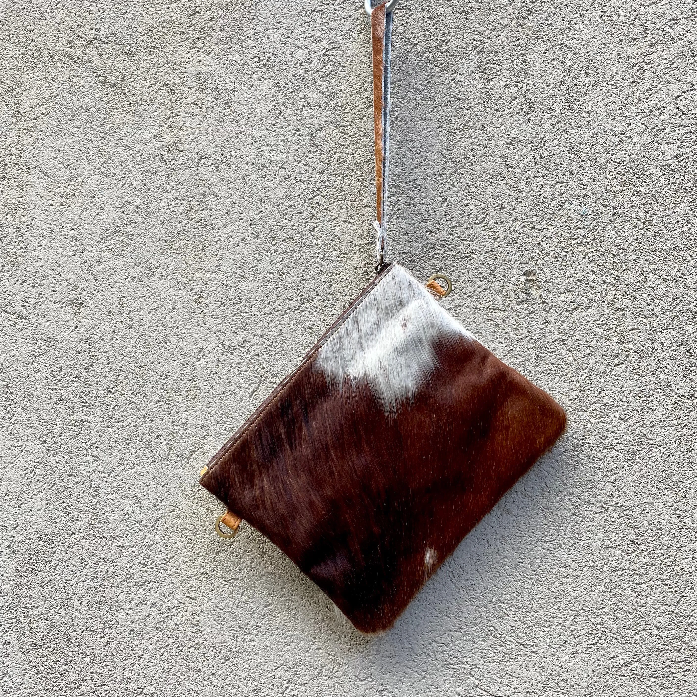 Bella Cowhide Crossbody Clutch Bag - Dark Tan White