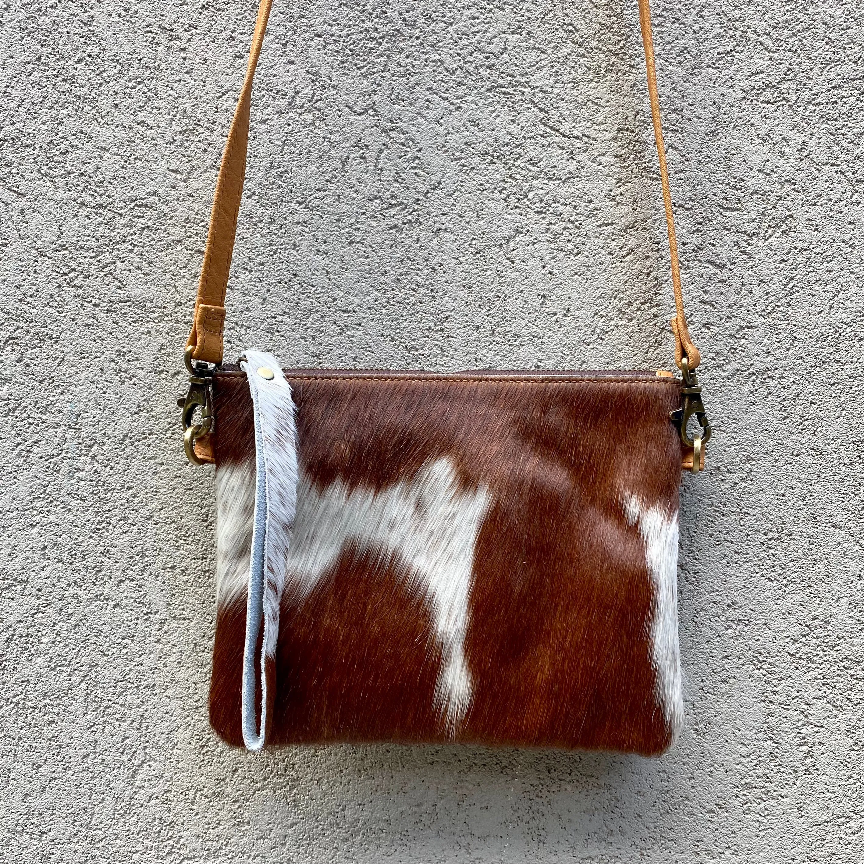 Bella Cowhide Crossbody Clutch Bag - Dark Tan White