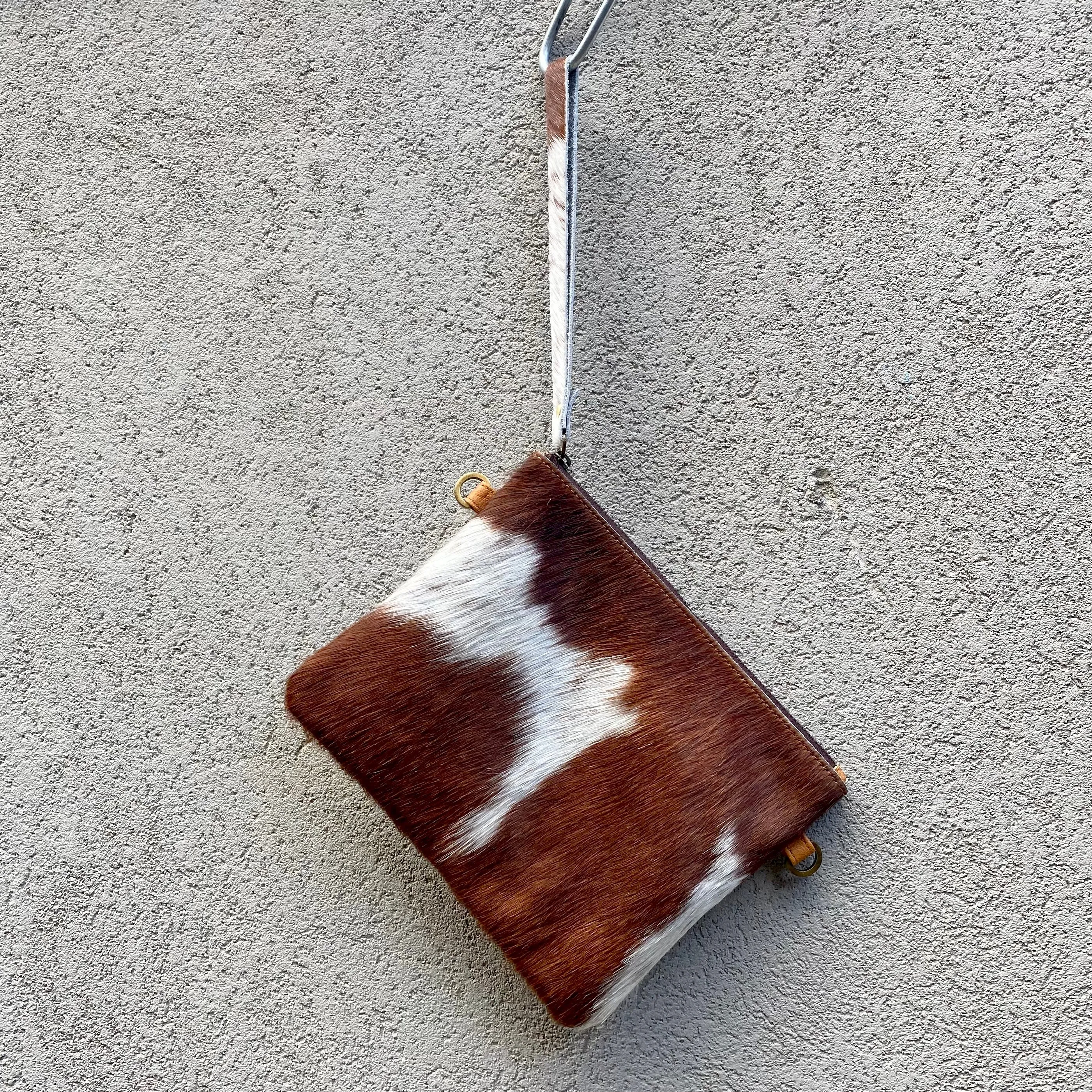 Bella Cowhide Crossbody Clutch Bag - Dark Tan White