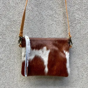 Bella Cowhide Crossbody Clutch Bag - Dark Tan White