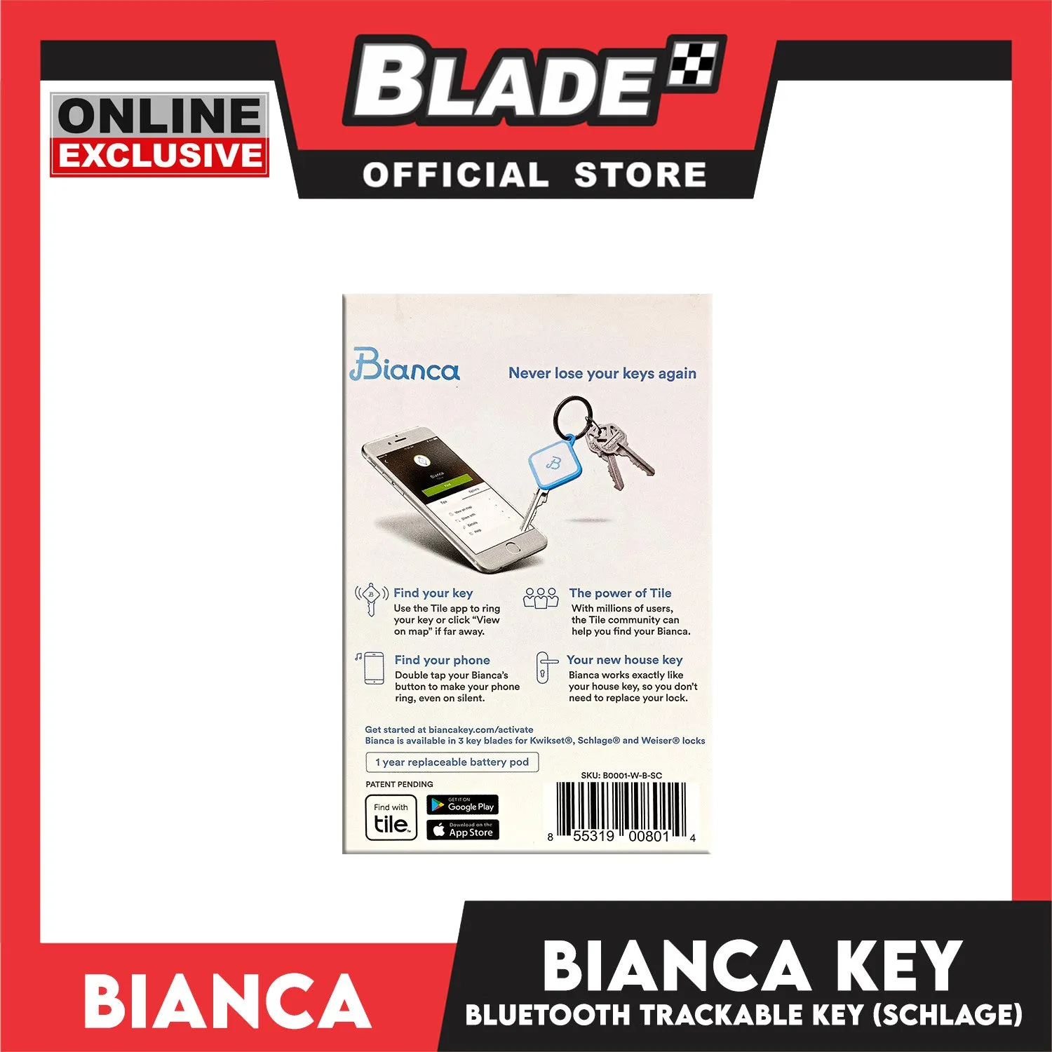 Bianca Bluetooth House Key B0001-W-B-SC Compatible with Schlage SC1, 68