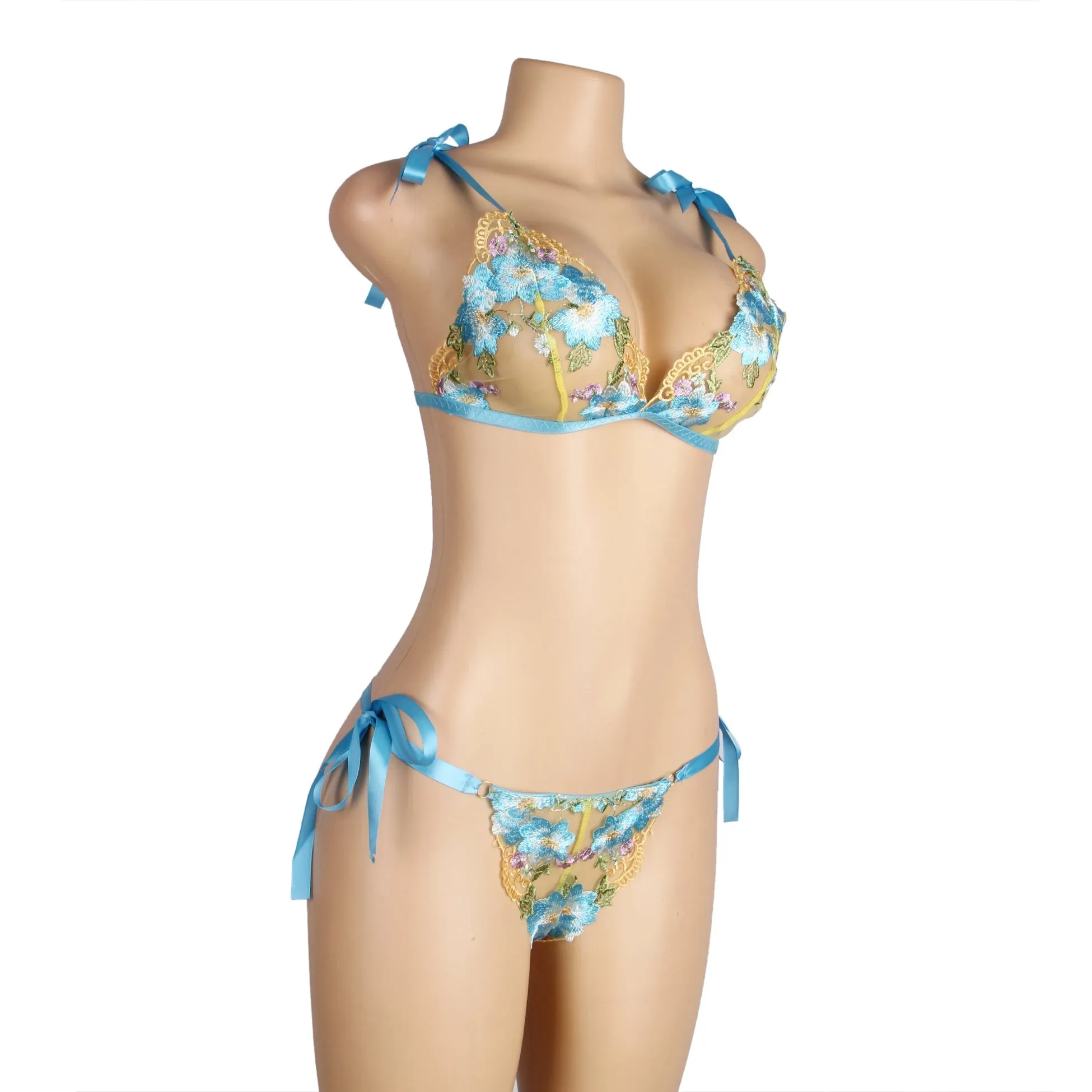 Blue Floral Embroidery Lace Detachable Strap Bra Set Egypt
