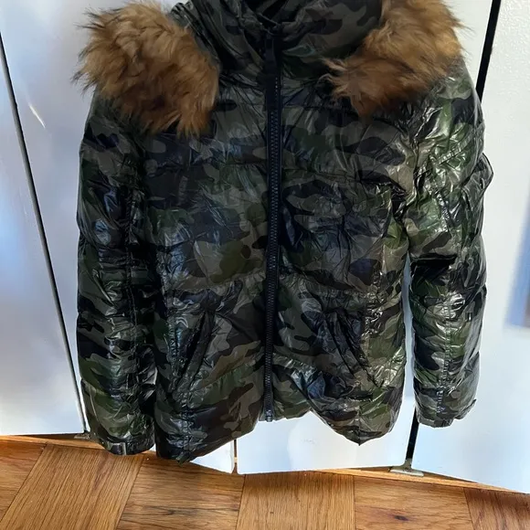 Camo print aqua winter jacket green detachable faux fur hood