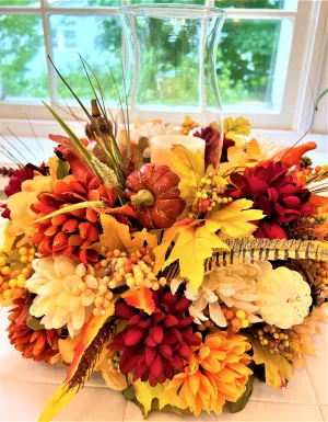 Centerpiece-Harvest Pumpkin Centerpiece 10H"x 15" Round x 11.5" Hurricane Vase
