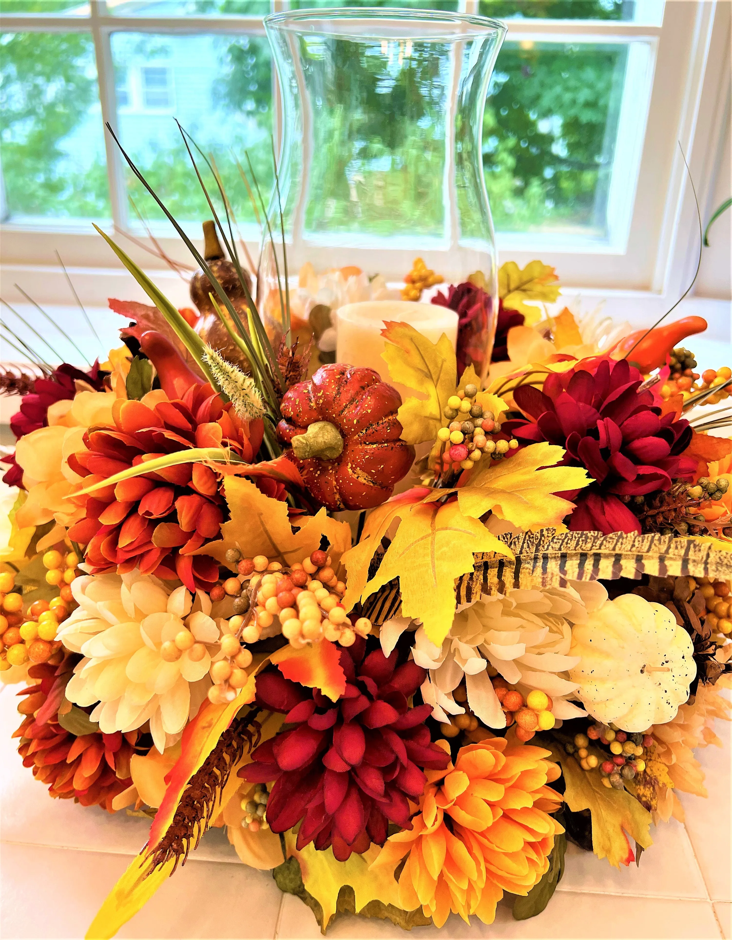 Centerpiece-Harvest Pumpkin Centerpiece 10H"x 15" Round x 11.5" Hurricane Vase
