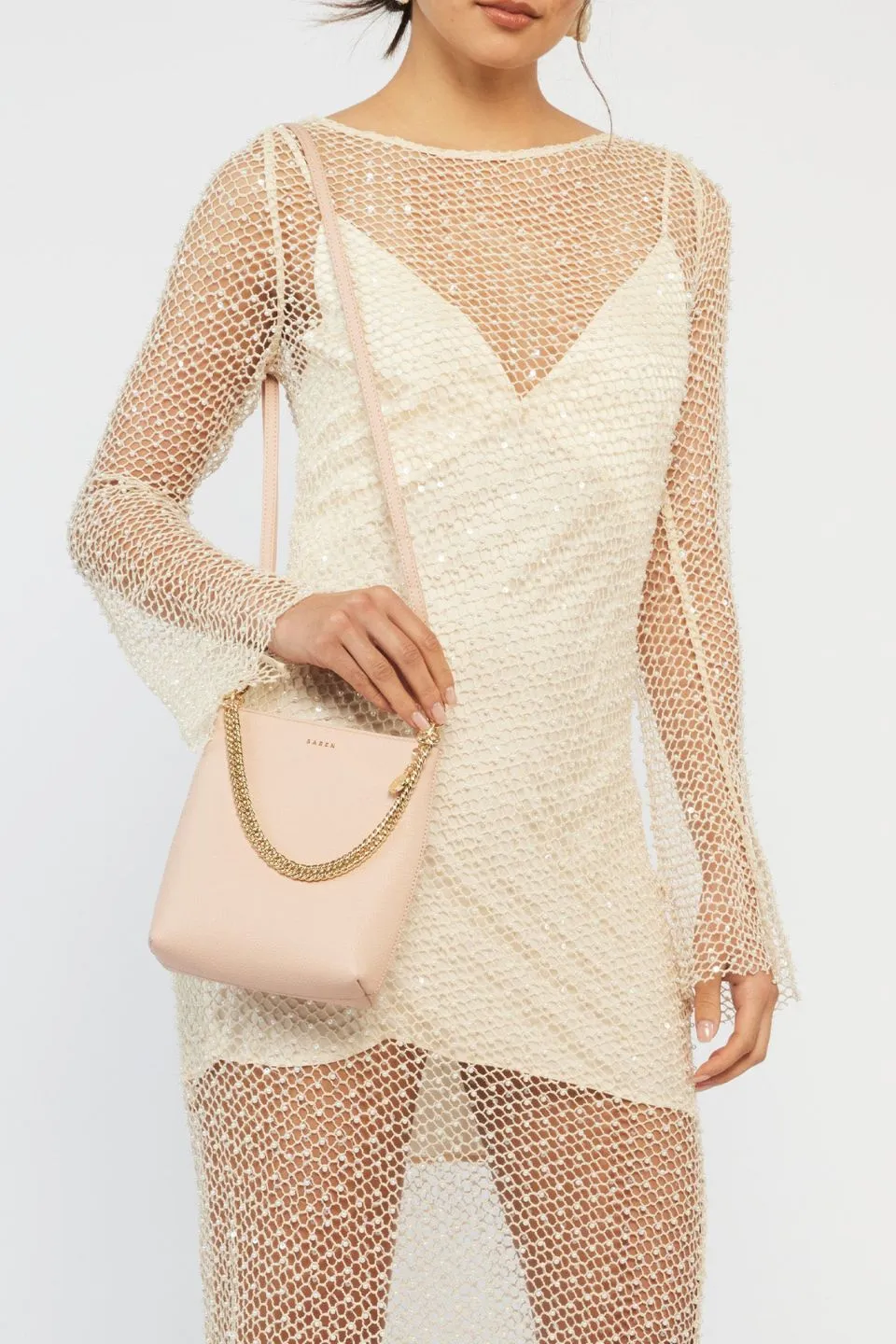 Coco Blush Leather Bucket Bag with Gold Chain