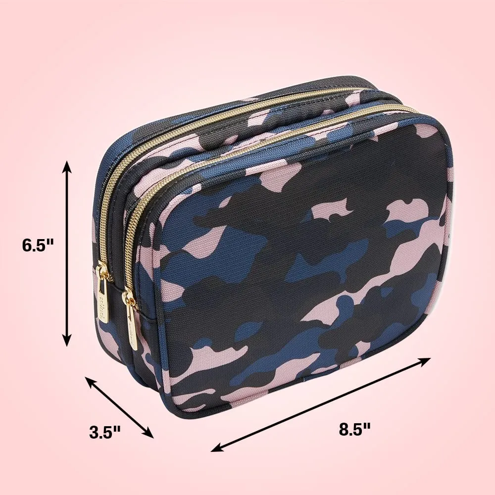 Conair Makeup Bag, Large Double Zip Toiletry and Cosmetic Bag, Perfect Size for Use At Home or Travel, Double Zip Organizer Shape in Blue, Pink and Black Camouflage