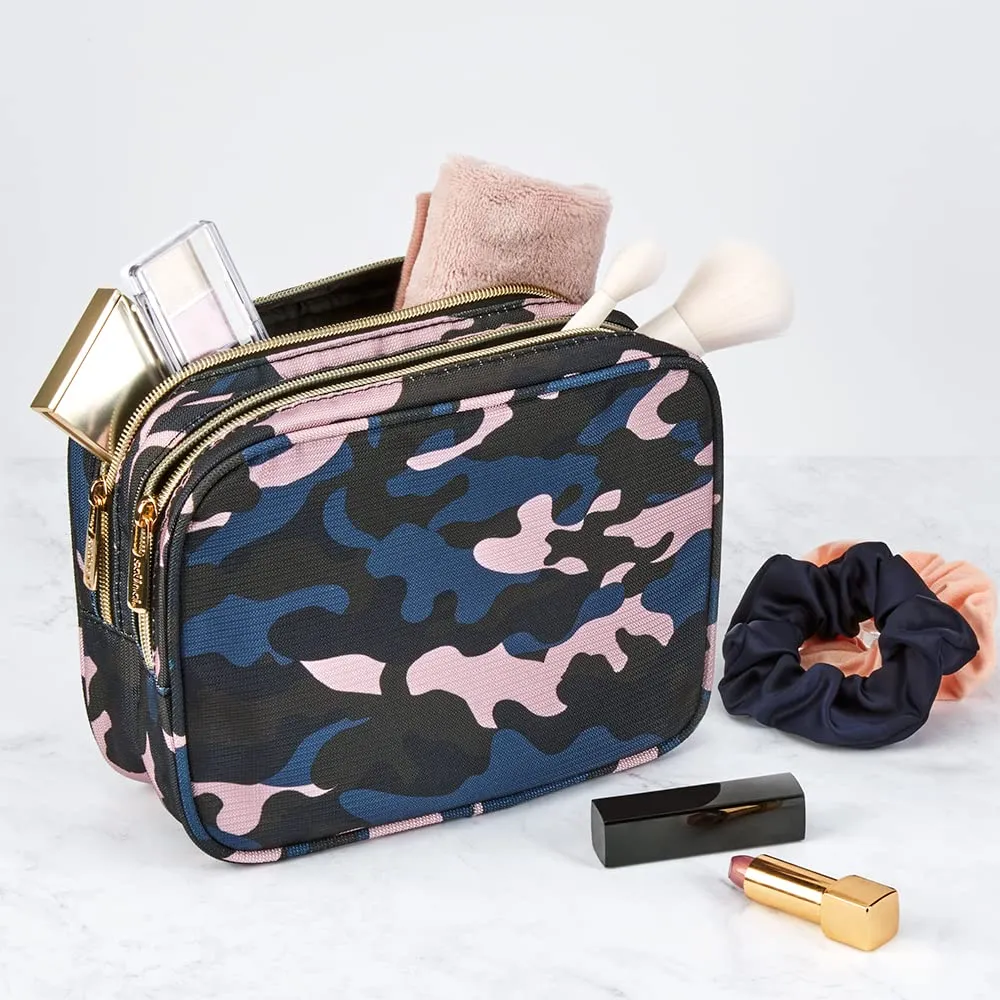Conair Makeup Bag, Large Double Zip Toiletry and Cosmetic Bag, Perfect Size for Use At Home or Travel, Double Zip Organizer Shape in Blue, Pink and Black Camouflage