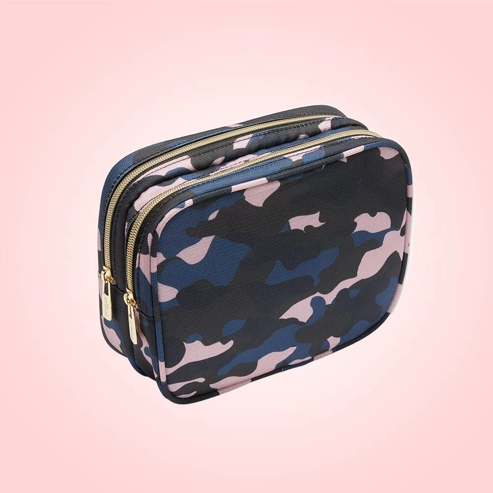 Conair Makeup Bag, Large Double Zip Toiletry and Cosmetic Bag, Perfect Size for Use At Home or Travel, Double Zip Organizer Shape in Blue, Pink and Black Camouflage