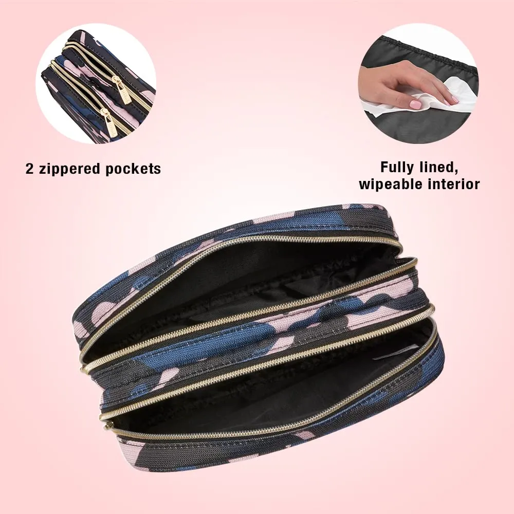 Conair Makeup Bag, Large Double Zip Toiletry and Cosmetic Bag, Perfect Size for Use At Home or Travel, Double Zip Organizer Shape in Blue, Pink and Black Camouflage