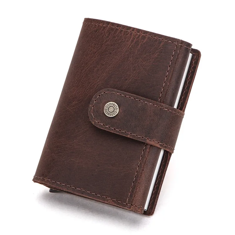 Crazy Horse Leather Card Holder Wallet Men Automatic Pop Up ID Card Case Male Coin Purse Aluminium Box RFID Blocking