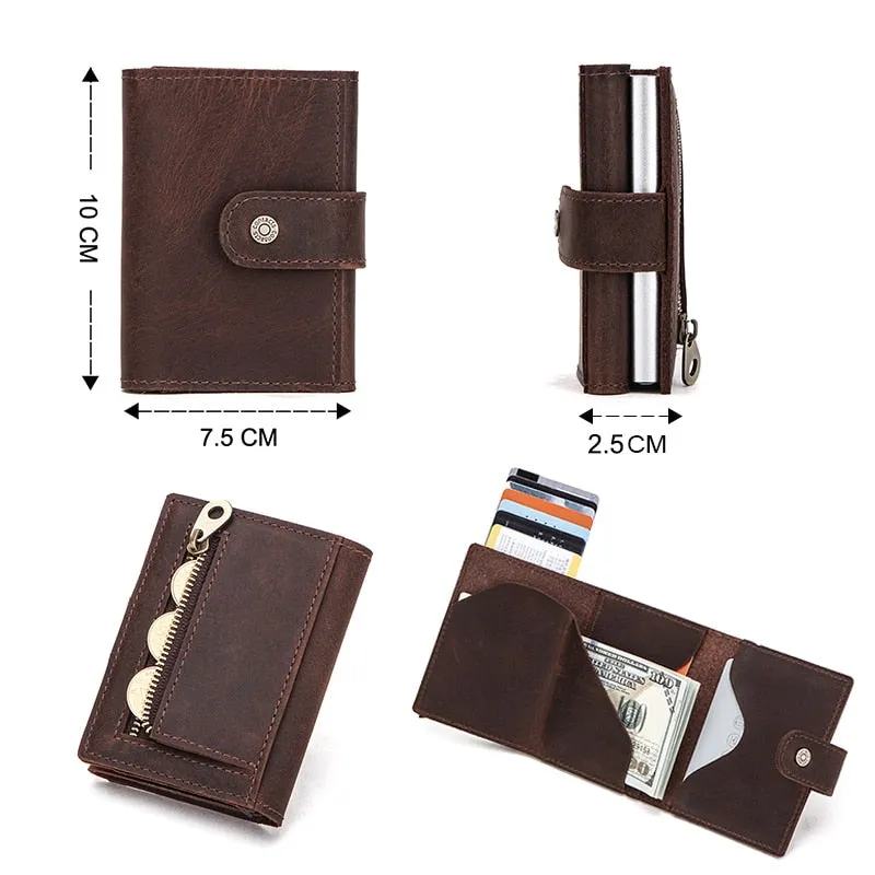 Crazy Horse Leather Card Holder Wallet Men Automatic Pop Up ID Card Case Male Coin Purse Aluminium Box RFID Blocking