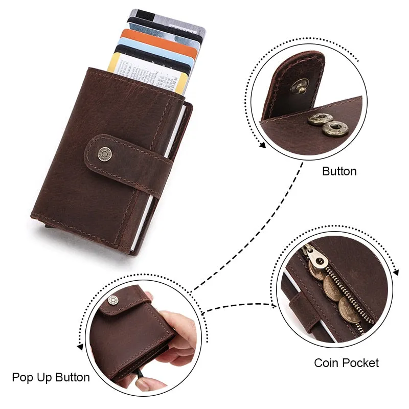 Crazy Horse Leather Card Holder Wallet Men Automatic Pop Up ID Card Case Male Coin Purse Aluminium Box RFID Blocking