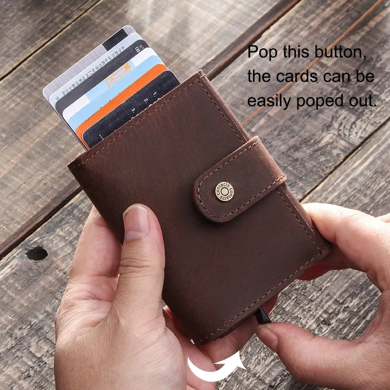 Crazy Horse Leather Card Holder Wallet Men Automatic Pop Up ID Card Case Male Coin Purse Aluminium Box RFID Blocking