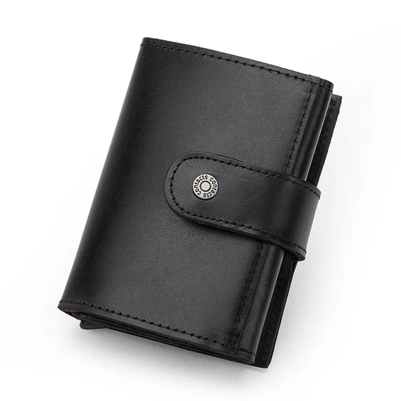 Crazy Horse Leather Card Holder Wallet Men Automatic Pop Up ID Card Case Male Coin Purse Aluminium Box RFID Blocking