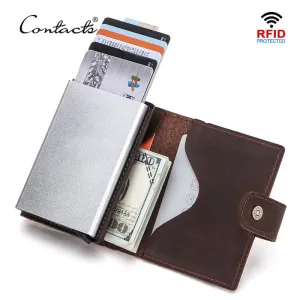 Crazy Horse Leather Card Holder Wallet Men Automatic Pop Up ID Card Case Male Coin Purse Aluminium Box RFID Blocking