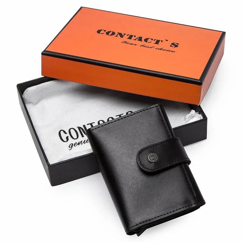 Crazy Horse Leather Card Holder Wallet Men Automatic Pop Up ID Card Case Male Coin Purse Aluminium Box RFID Blocking
