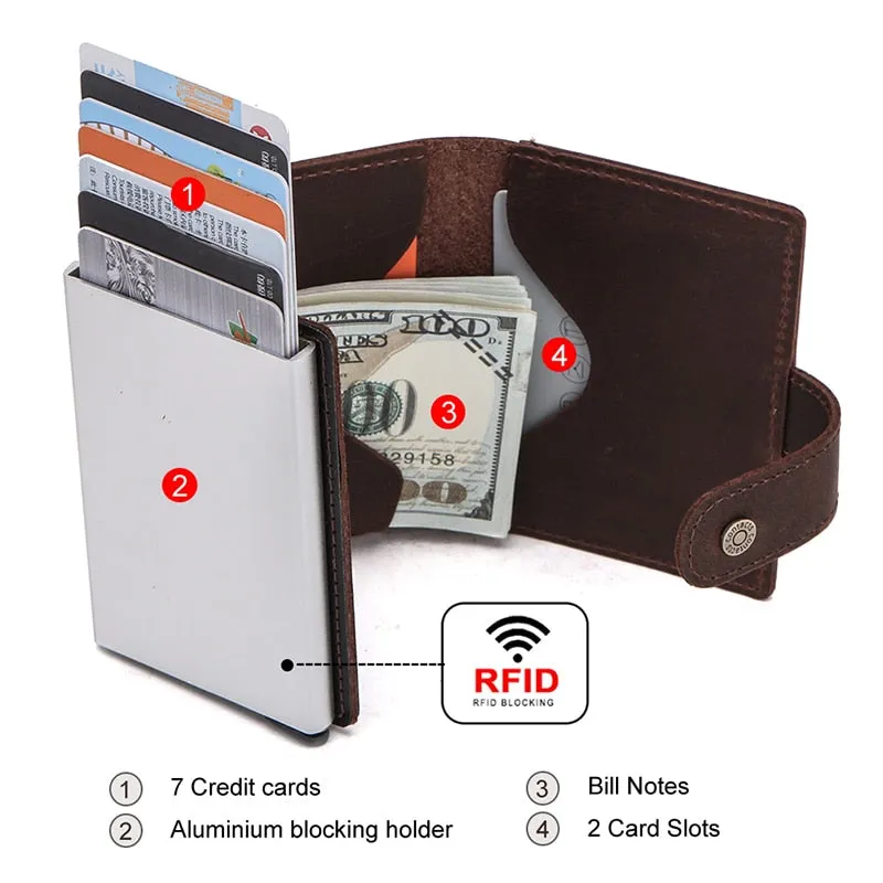 Crazy Horse Leather Card Holder Wallet Men Automatic Pop Up ID Card Case Male Coin Purse Aluminium Box RFID Blocking